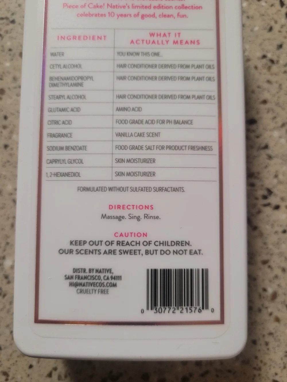Lot Of 2 Native Limited Edition Piece of Cake Shampoo & Conditioner 16.5 Oz Each